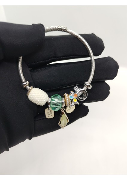 Charm Çelik Bileklik Silver Yapraklı Yeşil Taşlı