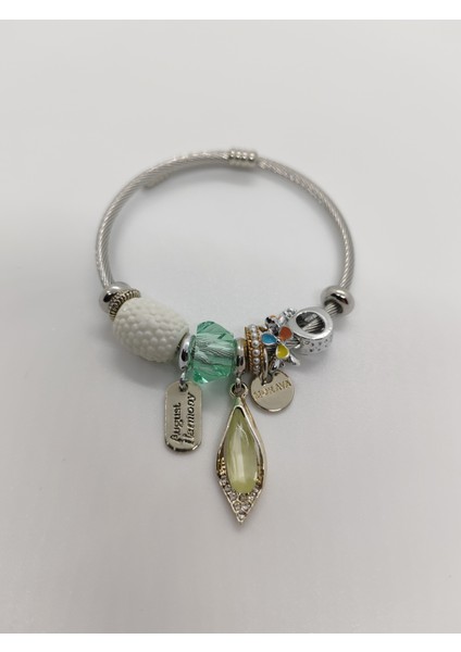 Charm Çelik Bileklik Silver Yapraklı Yeşil Taşlı fiyatları