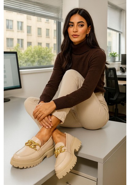 Loafer Bej Deri Günlük Kullanım Loafer Kadın Ayakkabı