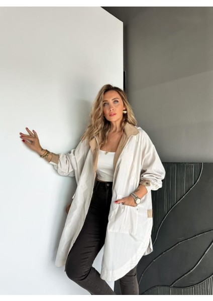 Robin Kadın Kapüşonlu Yanları Yırtmaçlı Reglan Kol Oversize Trençkot
