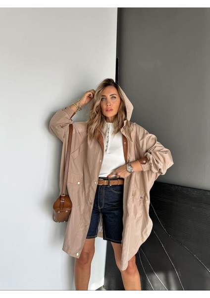 Robin Kadın Kapüşonlu Yanları Yırtmaçlı Reglan Kol Oversize Trençkot