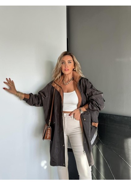 Robin Kadın Kapüşonlu Yanları Yırtmaçlı Reglan Kol Oversize Trençkot