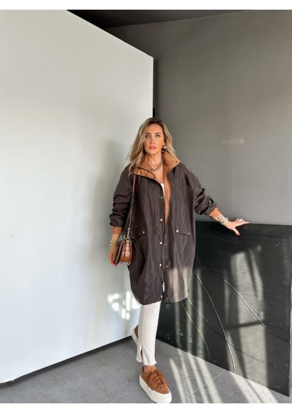 Robin Kadın Kapüşonlu Yanları Yırtmaçlı Reglan Kol Oversize Trençkot fırsatları