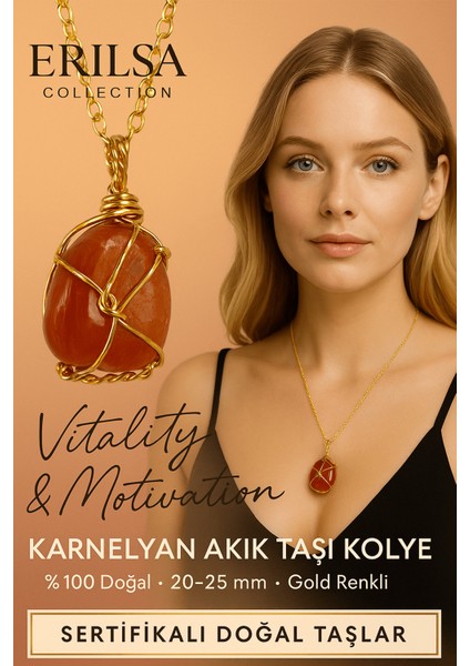 Sertifikalı Gold Renkli Karnelyan Akik Doğal Taş Kolye – Enerji ve Motivasyon Taşı