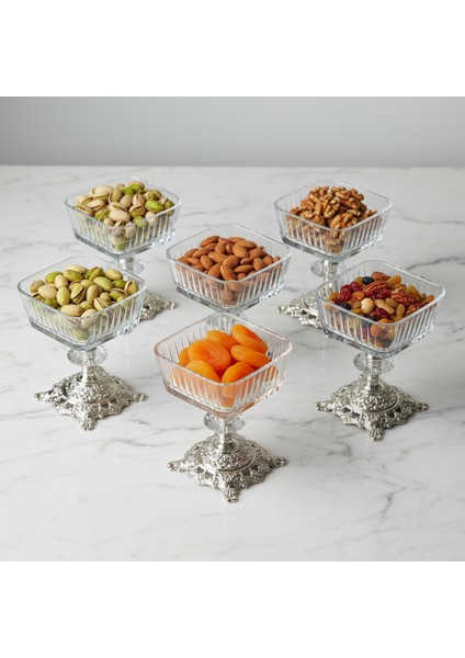 6’lı Metal Ayaklı Gümüş Detaylı Magnolia Sunumluk / Kase Seti