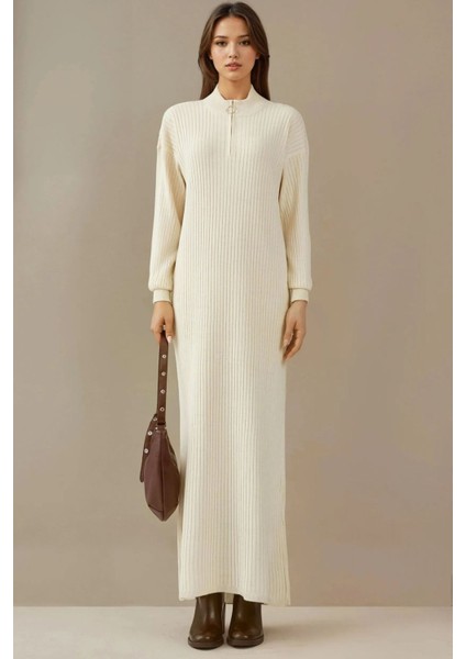 Kadın BDART Yarım Kıyafetli Düğmeli Dokulu Örgü Elbise Krem Doğal