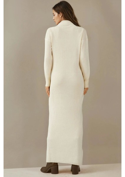 Kadın BDART Yarım Kıyafetli Düğmeli Dokulu Örgü Elbise Krem Doğal