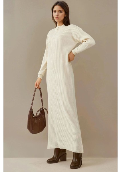 Kadın BDART Yarım Kıyafetli Düğmeli Dokulu Örgü Elbise Krem Doğal