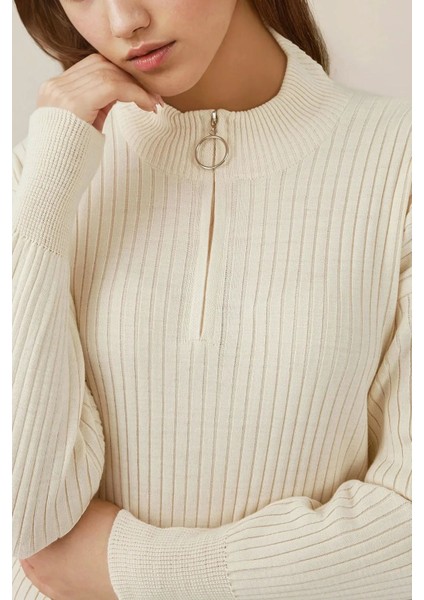 Kadın BDART Yarım Kıyafetli Düğmeli Dokulu Örgü Elbise Krem Doğal