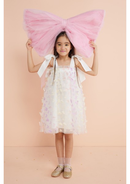 Çok Renkli Omuzdan Bağlamalı Kelebek Aplikeli Kız Çocuk Elbise - Nikki