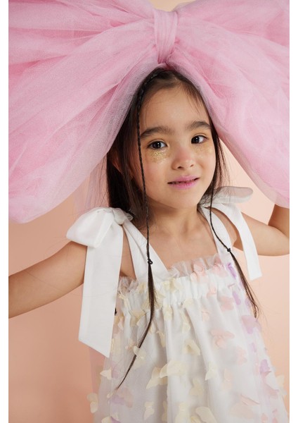 Çok Renkli Omuzdan Bağlamalı Kelebek Aplikeli Kız Çocuk Elbise - Nikki