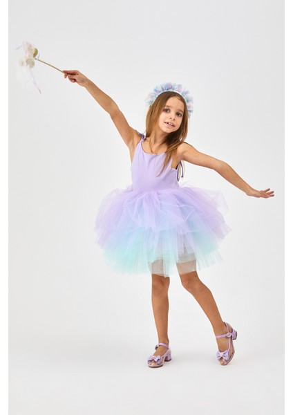 Çok Renkli Lila Tonları Tütü Etekli Askılı Kız Çocuk Balerin Elbise - Jade