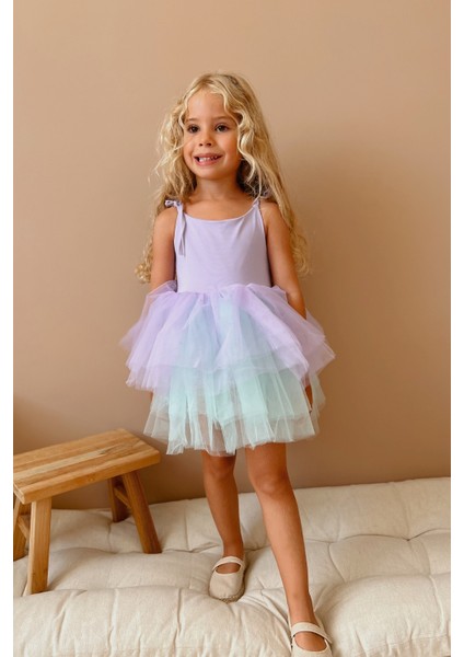 Çok Renkli Lila Tonları Tütü Etekli Askılı Kız Çocuk Balerin Elbise - Jade