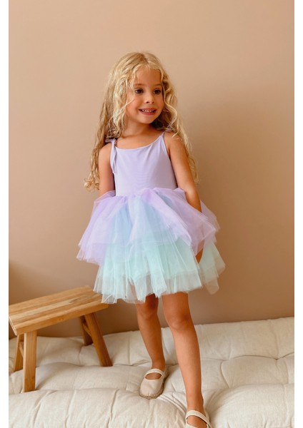 Çok Renkli Lila Tonları Tütü Etekli Askılı Kız Çocuk Balerin Elbise - Jade