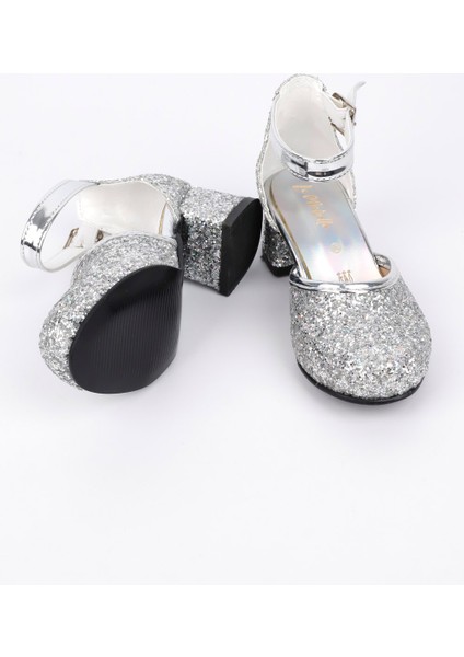 Gümüş Simli Topuklu Kız Çocuk Ayakkabı indirimleri