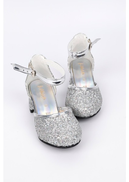 Gümüş Simli Topuklu Kız Çocuk Ayakkabı