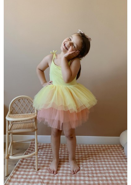 Sarı Tütü Etekli Askılı Kız Çocuk Balerin Elbise - Jade