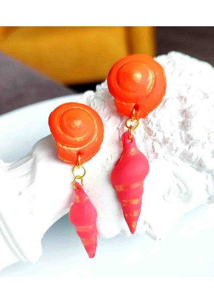 Sea Snail El Yapımı Pembe ve Turuncu Özel Tasarım Deniz Kabuğu Küpe