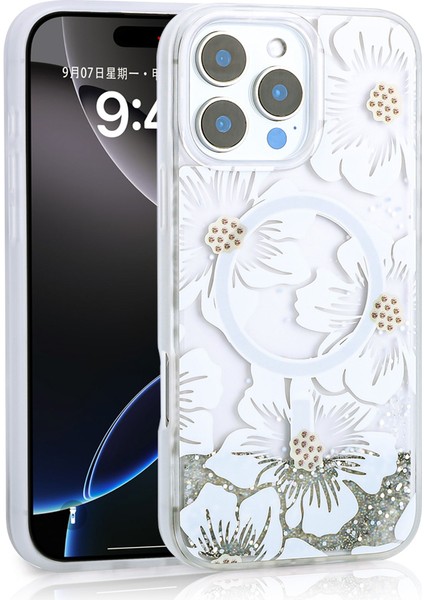 Apple iPhone 15 Pro Max Kılıf Sıvılı Simli Baskılı Şeffaf Arka Yüzey Mossa Silikon Kapak