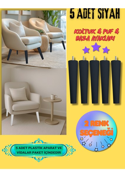 12CM Beyaz-Siyah Boyalı 5 Adet Koltuk&puf&ünite Ayakları