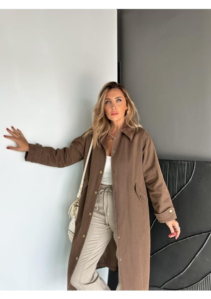 Robin Kadın Kadife Yakalı Ara Boy Premium Kot Trençkot