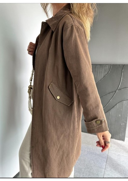 Robin Kadın Kadife Yakalı Ara Boy Premium Kot Trençkot fırsatları