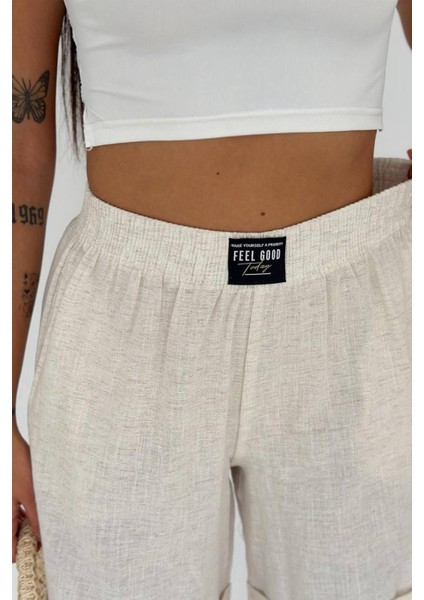 Kadın Lastikli Keten Şort – Hafif & Pozitif Stil fırsatları