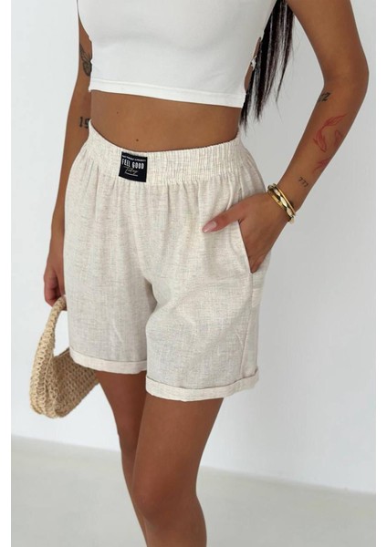 Kadın Lastikli Keten Şort – Hafif & Pozitif Stil