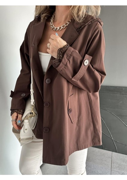 Robin Kadın Kapüşon ve Manşeti Dantel Detaylı Premium Kısa Trençkot indirimleri