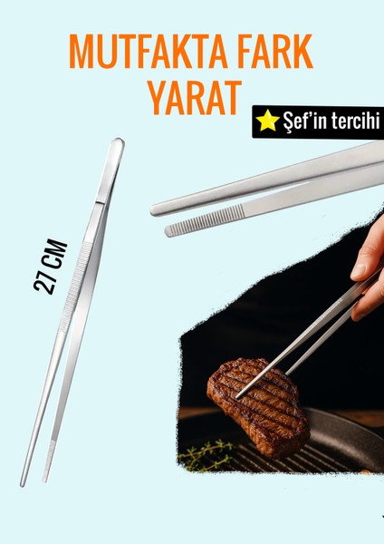 Paslanmaz Çelik Cımbız Maşa 27 cm – Masterchef Tarzı | Izgara, Et, Mutfak Maşası