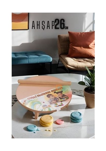 Çocuk 26 cm Ahşap Hamur Açma Masası Mini Oklava ile Oyun Hamuru Tahtası