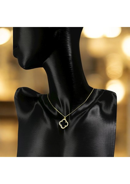 925 Ayar Gümüş Altın Kaplama Siyah Taşlı Şans Yoncası Van Cleef Kolye Kadın modelleri