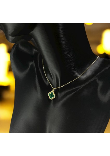 925 Ayar Gümüş Altın Kaplama Malakit Taşlı Şans Yoncası Van Cleef Kolye Kadın fiyatları