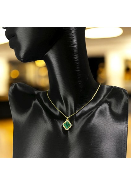925 Ayar Gümüş Altın Kaplama Malakit Taşlı Şans Yoncası Van Cleef Kolye Kadın modelleri