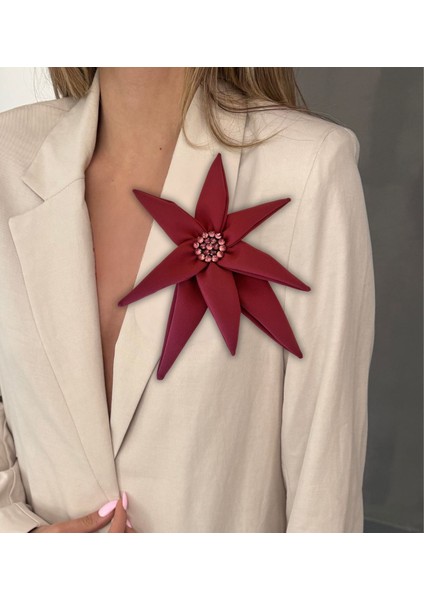 Çift Katlı Taş Detaylı Kumaş Çiçek Broş