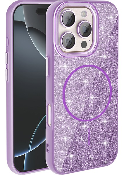 Apple iPhone 16 Pro Kılıf M-Safe Şarj Özellikli Parlayan Simli Okso Kapak