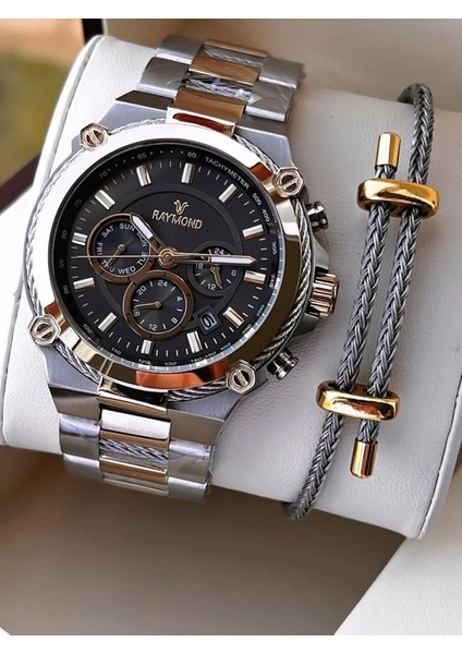 Nişan ve Damatlara Özel Çelik Kordon 2 Yıl Garantili 5 Atm Erkek Kol Saati+Bileklik Rmd.21