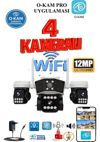 4 Kameralı 12MP Wifi Güvenlik Kamerası – Çift Yönlü Ses, Kişi Algılama, Yağmur & Kara Dayanıklı