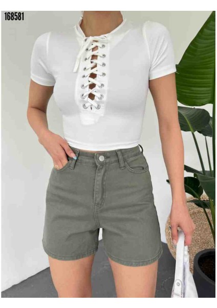 Kuş Gözü Detaylı Önü Bağlamalı Crop T-Shirt, Kırmızı Gül Figürlü Kolye Hediye fiyatları