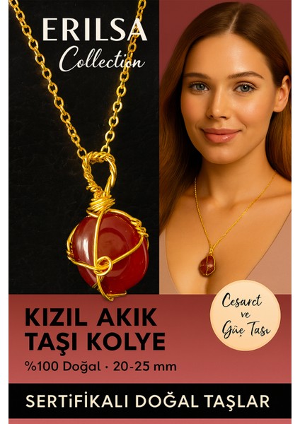 Sertifikalı Tel Sargılı Gold Renkli Doğal Kızıl Yemen Akik Taşı Kolye – Cesaret ve Güç Taşı