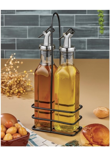 2'li Cam Zeytinyağlık & Sirkelik Seti – Metal Standlı, Şık Tasarım (250ML) Yağlık - Yağdanlık