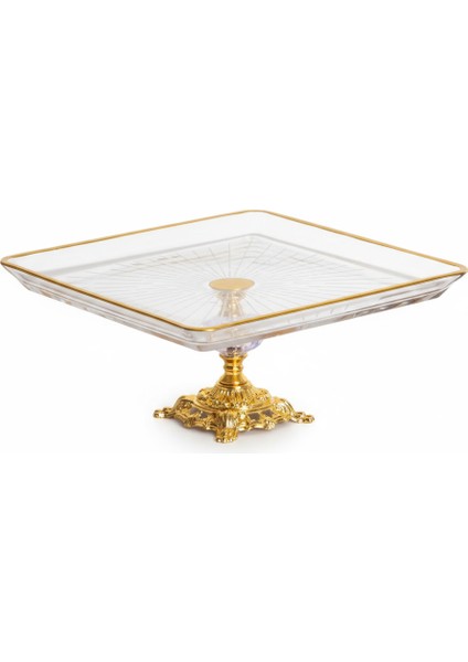 Kristal Metal Ayaklı Yaldızlı Kare Pasta Sunumluk