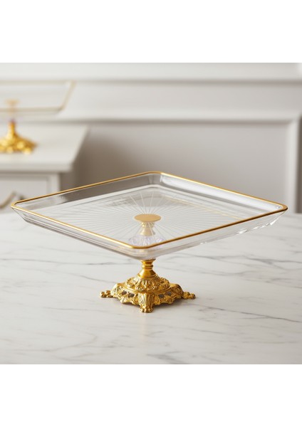 Kristal Metal Ayaklı Yaldızlı Kare Pasta Sunumluk fiyatları
