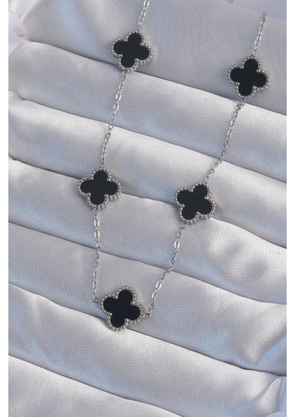 316L Çelik Gümüş Renk Siyah Mineli Yonca Kolye - TJ-BKO8997