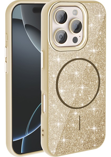 Apple iPhone 16 Pro Kılıf M-Safe Şarj Özellikli Parlayan Simli Okso Kapak