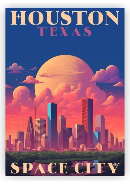 Houston Texas Space City Ahşap Poster 20X29 cm