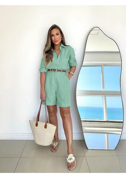 Yazlık Uzun Kol Gömlek Şort Ikili Su Yeşili Keten Takım modelleri