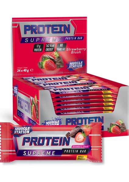 Supreme Protein Bar Çilek Aromalı 24 Adet 12 g Protein İçerir Pratik Atıştırmalık