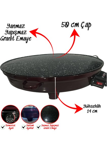 Lüks Termostatlı 50 cm Katmer Sacı, Gözleme Tavası - Emaye Gövde, Ayarlanabilir Sıcaklık, Enerji Tasarrufu