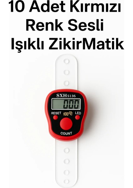 10 Adet Kırmızı Renkli Sesli Işıklı Dijital Zikirmatik – Yüzük Tesbih Sayaç – 100’DE Alarm Özellikli